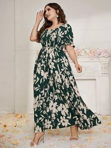 Vestidos Estampado de Talla Grande para Mujer, Vestido Estampado Vintage de Manga, Vestidos Cómodo de Talla Grande Adecuado para Fiestas Informales Y Banquetes Festivos - Verde Oscuro - Ver 3