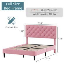 Twin/ Full/ Queen/ King Bed Frame, Upholstered Platform Bed Frame With Headboard, Solid Wood Slats, No Box Spring Needed, Noise-Free, Easy Assembly, White/ Grey/ Dark Grey/ Pink/ Blue - Pink - View 7
