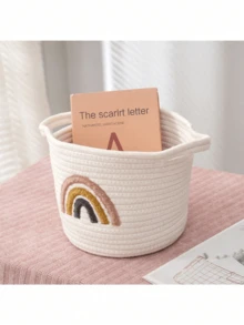 1pc White Cotton Rope Woven Storage Basket, Desktop Organizer Bin For Cosmetics, Clothes, Bedding, Nursery, Diapers, Suitable For Daily Use - White - View 5