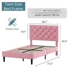 Twin/ Full/ Queen/ King Bed Frame, Upholstered Platform Bed Frame With Headboard, Solid Wood Slats, No Box Spring Needed, Noise-Free, Easy Assembly, White/ Grey/ Dark Grey/ Pink/ Blue - Pink - View 6