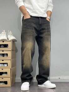 Quần jeans thường ngày cho nam thiếu niên, kiểu dáng wash acid với họa tiết râu mèo, ống quần suông thoải mái, phù hợp cho mọi mùa. - màu đen - Xem 4