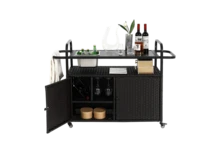 Sairedel Stół barowy na zewnątrz, wózek barowy z wikliny z szafką, wózek do serwowania na patio ze stalowym blatem, z jednym wiaderkiem na lód, blokowane kółka, boczny kosz do ogrodu, basenu i na podwórko, czarny - Czarne - Zobacz 4