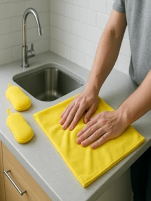 Conjunto de 6 Peças de Pano de Limpeza e Esponja - 3 Toalhas Absorventes + 3 Esponjas de Limpeza Dupla Face - Reutilizável para Cozinha, Carro, Banheiro, Louças - Almofada de Limpeza Sem Arranhões