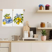 2pcs Yellow Lemon Tree Potted Plant Print Towels, 40cm*60cm Microfiber Modern Absorbent Cleaning Cloths, Cooking Baking Tea Towels, Dishcloths, Hand Towels, Super Soft, High Absorbency, Kitchen Decor, Neighbor Gift, Mom Gift, Birthday Gift, Sweet Housewarming Gift For Friends, Kitchen Accessories, Daily Necessities, Life Essentials - Multicolor - View 5