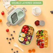 1200ML双层韩式带隔层午餐盒，可微波炉加热。这是一个带叉子和勺子的午餐盒，由PP材质制成（不含双酚A）。它适合学生和上班族随身携带，非常适合户外野餐、露营、旅行、上班、度假、毕业，也可以作为礼物送给朋友和亲戚返校季,早餐盒,燕麦