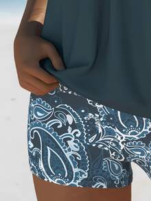 女士时尚印花两件套坦基尼套装，可调节肩带全罩杯泳衣，波西米亚风格，适合海滩和泳池，优雅可爱，夏季夏威夷海滩度假