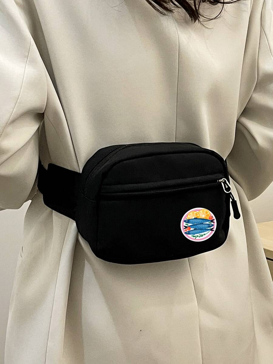 Women Nylon Solid Color Stylish & Versatile Sardine Print Minimalist Design Chest Bag/Coin Purse/Phone Bag - Black - View 1