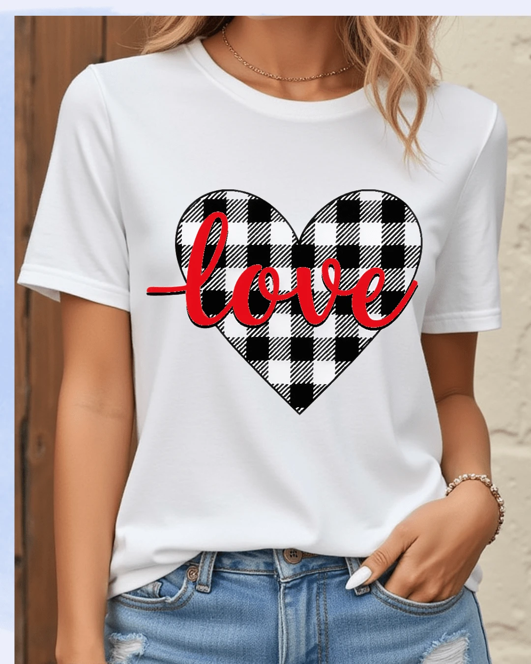 Camiseta casual con estampado , corazón simula tela palabra amor ' love ' , para mujer manga corta cuello redondo, playera de poliéster, blusas gráficas para mujer - Blanco - Ver 1