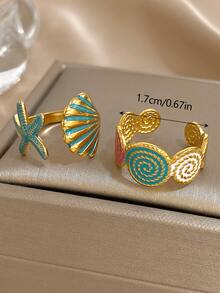 18K镀金不锈钢海洋主题可调节戒指套装，海星和贝壳设计，适合女性佩戴，可作为母亲节礼物、教师节礼物、夏季海滩配饰、派对/正式场合/日常佩戴、返校礼物、生日礼物、伴娘礼物、美人鱼主题 - 彩色 - 查看 4