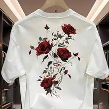 Camiseta Algodão Desenho Flores Rosa Estampado Frente/Costas Camisa Masculina Casual Básica Diária Streetwear Primavera/Verão Para Calor - Branco - Visão 1