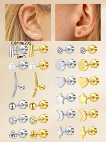 1 pieza Pendientes de acero inoxidable con forma de corazón y luna de 20G para mujeres para decoración diaria, pendientes de rosca de oro y plata, pendientes de cartílago, hélix y trágus