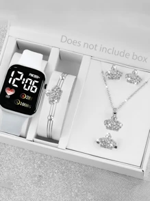 6 Stücke/Set LED Liebesuhr + Legierungs-Diamant Schmuckset mit kleinem Schmetterling/Schleierkraut/Herz/Schleife/Krone, bestehend aus Halskette, Armband, Ohrstecker, Ring, geeignet für den täglichen Gebrauch, schlicht und elegant, die beste Wahl für Halloween, Weihnachten, Valentinstag, Muttertag, Urlaubsgeschenke