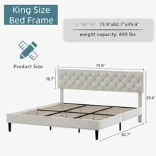 Twin/ Full/ Queen/ King Bed Frame, Upholstered Platform Bed Frame With Headboard, Solid Wood Slats, No Box Spring Needed, Noise-Free, Easy Assembly, White/ Grey/ Dark Grey/ Pink/ Blue - trắng - Xem 9