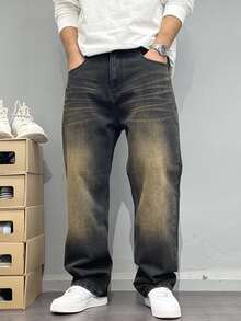 Quần jeans thường ngày cho nam thiếu niên, kiểu dáng wash acid với họa tiết râu mèo, ống quần suông thoải mái, phù hợp cho mọi mùa. - màu đen - Xem 1