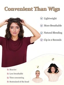 Topper de cabello, topper de cabello sintético de 16 pulgadas con ondas y color negro natural para mujeres con cabello ralo, con flequillo, para añadir volumen natural al cabello - Multicolor - Ver 8