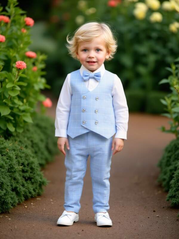 Traje de caballero para niños pequeños de 3 piezas para boda/fiesta: chaleco a cuadros + pantalón largo + corbata de moño