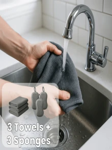 Conjunto de 6 Peças de Pano de Limpeza e Esponja - 3 Toalhas Absorventes + 3 Esponjas de Limpeza Dupla Face - Reutilizável para Cozinha, Carro, Banheiro, Louças - Almofada de Limpeza Sem Arranhões