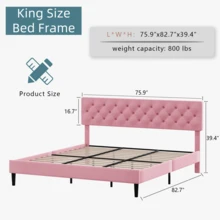 Twin/ Full/ Queen/ King Bed Frame, Upholstered Platform Bed Frame With Headboard, Solid Wood Slats, No Box Spring Needed, Noise-Free, Easy Assembly, White/ Grey/ Dark Grey/ Pink/ Blue - Pink - View 9