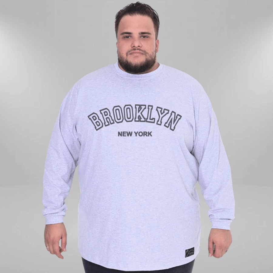 Brooklyn New York Men's Plus Size Long Sleeve T-Shirt 100% Cotton - 灰色 - 查看 1