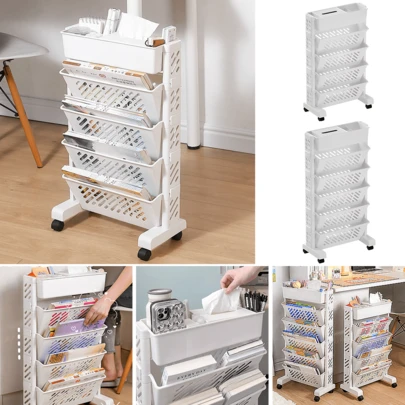 Lislark 1pc Mobile Bookshelf With Wheel, Book Trolley, Paper Organizer, Rolling Storage Cart, Large Capacity Book Rack Magazine Cart Movable Storage Bookcase With 5/6 Layers For Home, Classroom, School, Office, Dorm, White, Utility Racks