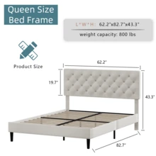 Twin/ Full/ Queen/ King Bed Frame, Upholstered Platform Bed Frame With Headboard, Solid Wood Slats, No Box Spring Needed, Noise-Free, Easy Assembly, White/ Grey/ Dark Grey/ Pink/ Blue - trắng - Xem 8