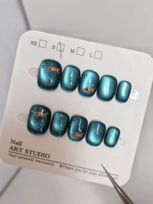 1 Set Of 10Pcs Fish & Bubble Design Press-On Nails, Summer Cooling Nail Art, Cute Short Style With Blue Glass Pearl Cat Eye Finish, Adorable Fish Motif, Mysterious & Dreamy Ocean Blue Tone, Wear For Happiness, Handmade And Reusable Nail Stickers Nail Supplies Nails - Multicolor - View 3