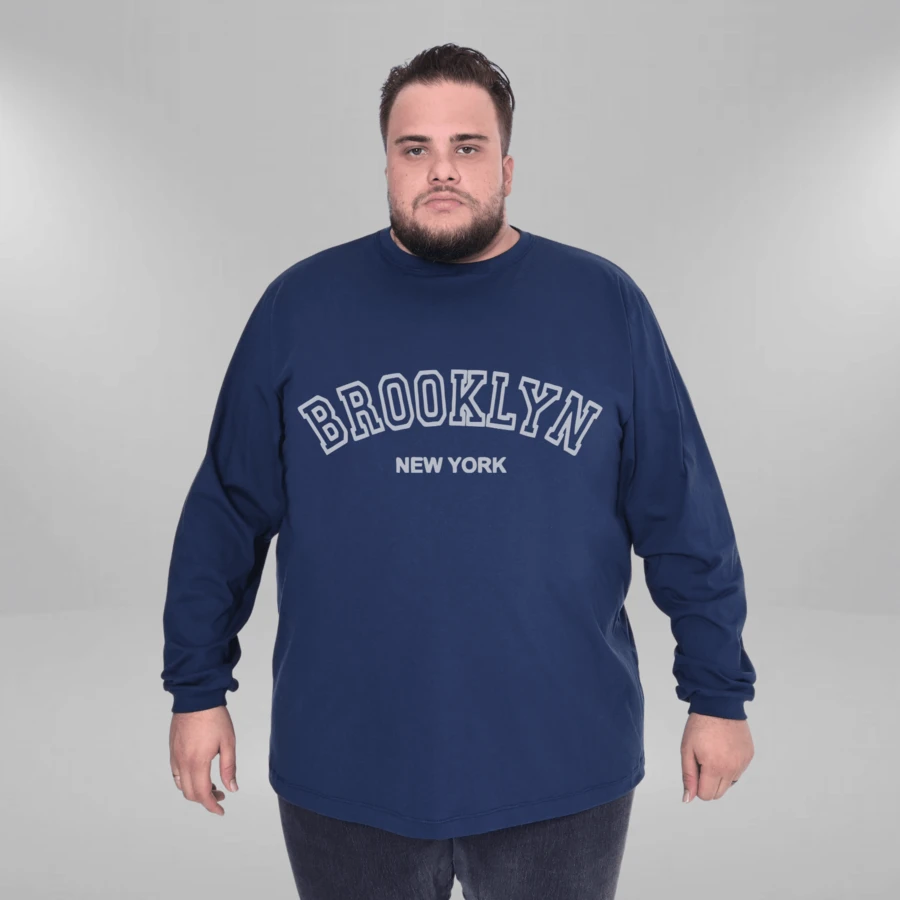 Brooklyn New York Men's Plus Size Long Sleeve T-Shirt 100% Cotton - 藏蓝色 - 查看 1