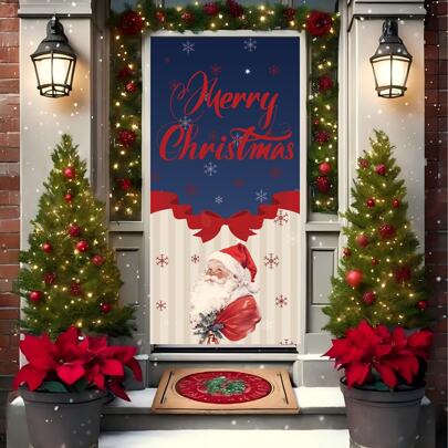 1pc/270pcs Christmas Theme Door Flag, Christmas Party Door Hanging Decor Flag, Santa Claus With Glasses Design On White & Blue Background Polyester Door Flag, Suitable For Christmas Party Indoor/Outdoor Decoration, Living Room Decor, Christmas Party Restaurant Decor, Party Atmosphere Decoration, Christmas Promotion, 2025 Christmas