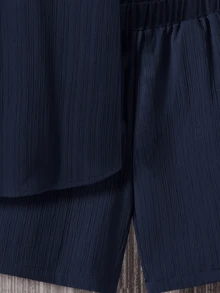 Summer Men's Zipper Solid Color Lapel Short Sleeve T-Shirt Shorts Casual Set - 黑色 - 查看 5