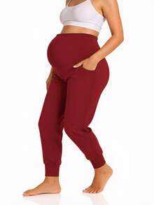 Women Pregnant Women High Waist Support Side Pocket Bunched Feet Exercise Yoga Pants - 酒紅色 - 查看 3