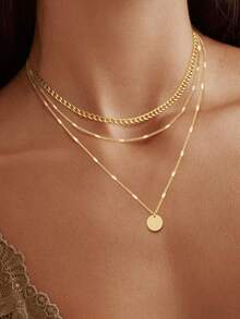 2pcs Stainless Steel Round Pendant Triple Layer Necklace, Minimalist Round Pendant Curb Chain Layered Necklace, Lightweight Luxury Necklace Suitable For Girls And Women - Yellow Gold - View 1