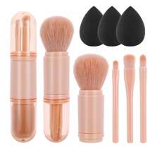 Set de brochas de maquillaje mini 4 en 1, brocas de viaje portátiles y reutilizables con brocha para labios, broca para iluminador, pincel para ojos, cepillo para base, incluye 3 esponjas de teardrop negras, excelente para maquillaje sobre la marcha