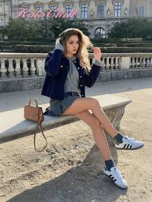 HoloChill Women's Casual Style Round Neck Contrast Button Cardigan, Summer Casual New Arrival - Navy Blue - View 6