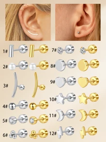 1 pieza Pendientes de acero inoxidable con forma de corazón y luna de 20G para mujeres para decoración diaria, pendientes de rosca de oro y plata, pendientes de cartílago, hélix y trágus