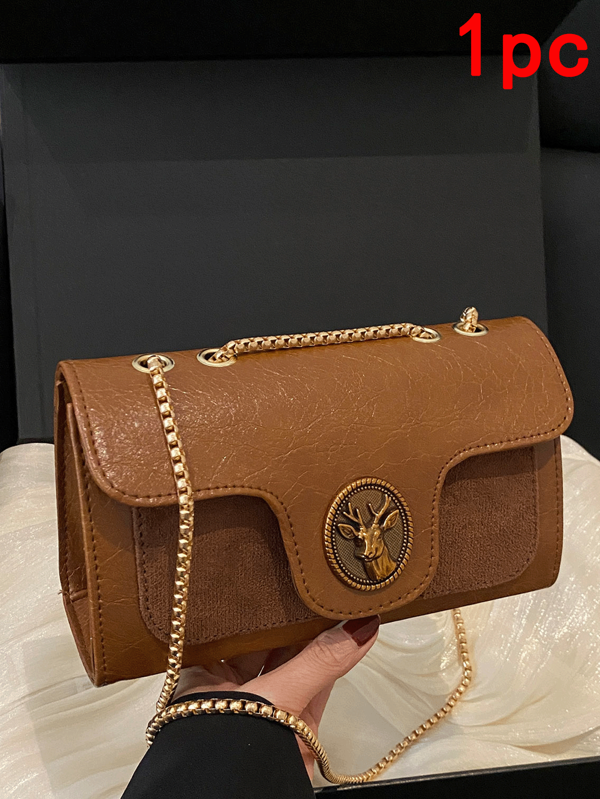 1pc, All-Match Fashion Niche Design Retro Shoulder Messenger Bag, Spliced ​​Pu Fabric Deer Label Decoration Perforated Metal Chain Shoulder Strap Flap Square Bag, Suitable For Women's Daily Commuting And Going Out Shopping And Partying Occasions