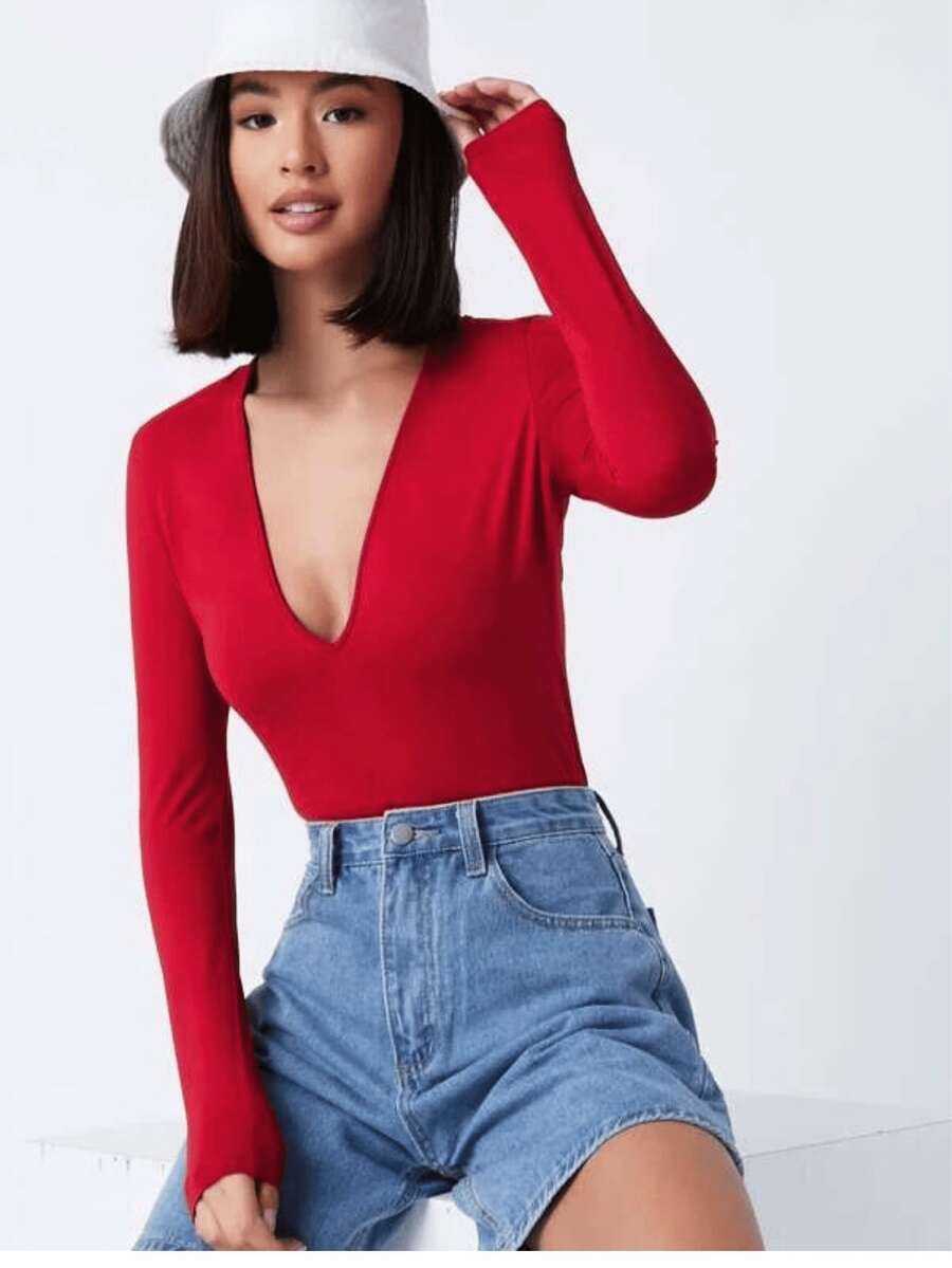 Body sexy Mujer Manga larga escote pronunciado Panti Blusa Leotardo en Tela Brush Suave con Doble Forro Ajustado Cómodo Ideal Otoño Invierno Casual y Elegante Negro Blanco Rojo - Rojo - Ver 1
