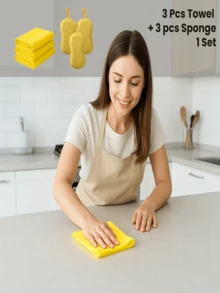 Conjunto de 6 Peças de Pano de Limpeza e Esponja - 3 Toalhas Absorventes + 3 Esponjas de Limpeza Dupla Face - Reutilizável para Cozinha, Carro, Banheiro, Louças - Almofada de Limpeza Sem Arranhões