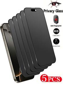 5片装防窥钢化玻璃屏幕保护膜,兼容 17/17 Pro/17 Air/17 Pro Max/16e/15/14/13/12/11 Pro Max/XR/X/XS Max/7/8 Plus,5片/包,手机隐私保护玻璃 - 黑色 - 查看 2