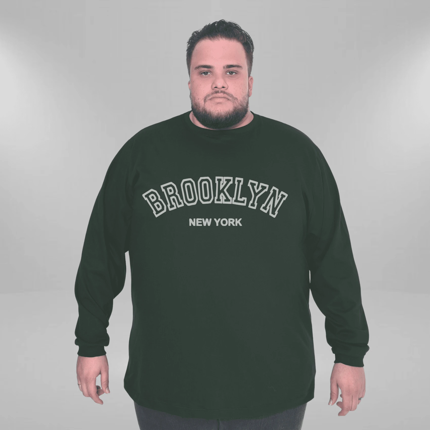 Brooklyn New York Men's Plus Size Long Sleeve T-Shirt 100% Cotton - 軍綠色 - 查看 1