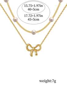 2 件不锈钢蝴蝶结吊坠项链套装，时尚简约蝴蝶结和 O 形珍珠链分层颈链，适合女性（珍珠数量随机）