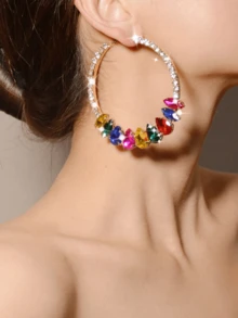 Luxury European & American Fashion Exaggerated Metal Inlay Colorful Crystal Round Large Hoop Earrings, Retro Elegant Goddess Style, 1 Pair