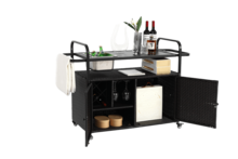 Sairedel Stół barowy na zewnątrz, wózek barowy z wikliny z szafką, wózek do serwowania na patio ze stalowym blatem, z jednym wiaderkiem na lód, blokowane kółka, boczny kosz do ogrodu, basenu i na podwórko, czarny - Czarne - Zobacz 7