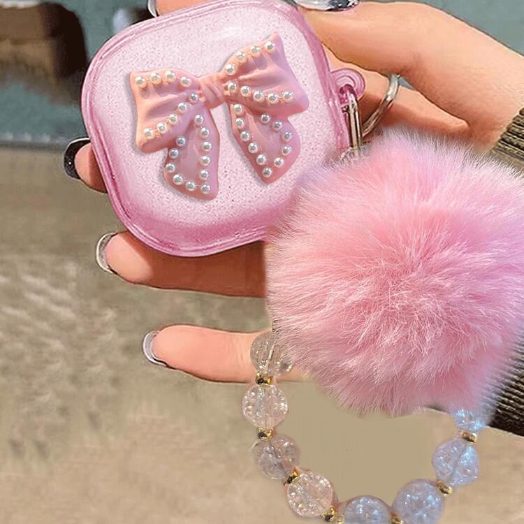 Pink Bow-Knot 3D Pearl Pom-Pom Keychain Bluetooth Earphone Cases Case Compatible With Apple Bluetooth Earphone Case Anti-Scratch And Drop Protection Women Gift Easter Spring Birthday Anniversary Gift - Multicolor - View 5