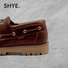 Men's Leather Boat Shoes With Lace Closure Plain Casual Lace Up - 棕色 - 查看 4