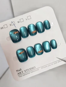 1 Set Of 10Pcs Fish & Bubble Design Press-On Nails, Summer Cooling Nail Art, Cute Short Style With Blue Glass Pearl Cat Eye Finish, Adorable Fish Motif, Mysterious & Dreamy Ocean Blue Tone, Wear For Happiness, Handmade And Reusable Nail Stickers Nail Supplies Nails - Multicolor - View 2