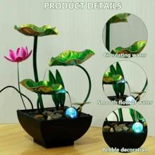 Tabletop Water Fountain With Light,3-Tier Lotus Leaf Fountain, Indoor Tabletop Mini Waterfall, Creative Waterfall Fountain, Bedroom Indoor Fountain,10.6" Green Flowing Water Landscape Decor For Bedroom, Office, Living Room - 綠色 - 查看 3
