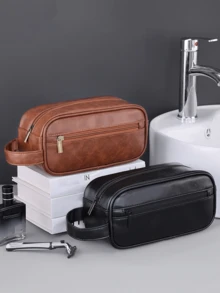 男士PU皮洗漱包，旅行商务便携化妆包，大容量多口袋设计，手提式PU皮洗漱包，钱包收纳包，圣诞礼物，复古男士礼物，圣诞包，男士礼品包 - 彩色 - 查看 3
