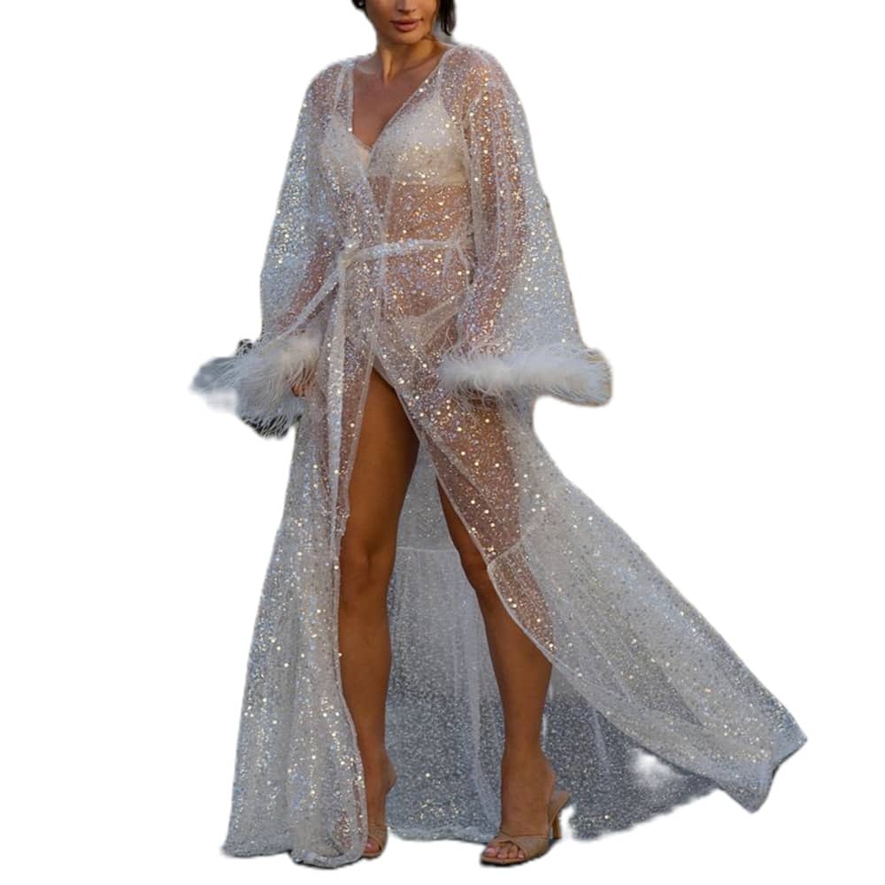 Women Summer Sheer Nightgown Long Sleeve Plush Cuff  See Through Sequins Nightdress