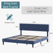 Twin/ Full/ Queen/ King Bed Frame, Upholstered Platform Bed Frame With Headboard, Solid Wood Slats, No Box Spring Needed, Noise-Free, Easy Assembly, White/ Grey/ Dark Grey/ Pink/ Blue - 藍色 - 查看 9