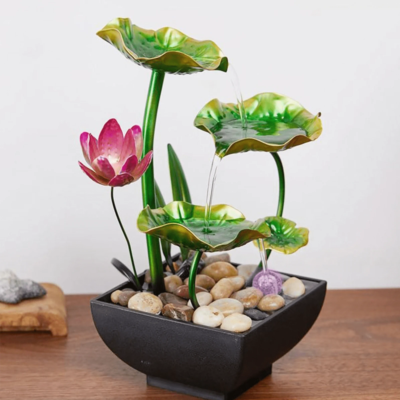 Tabletop Water Fountain With Light,3-Tier Lotus Leaf Fountain, Indoor Tabletop Mini Waterfall, Creative Waterfall Fountain, Bedroom Indoor Fountain,10.6" Green Flowing Water Landscape Decor For Bedroom, Office, Living Room - 綠色 - 查看 1